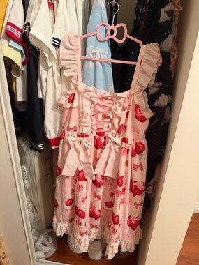 Lolita kawaii Sleeveless Pink Print Midi Dress with Ruffle Straps